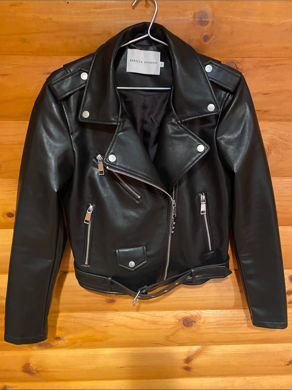 Rebecca Minkoff Black Faux Leather Moto Jacket with Silver Hardware